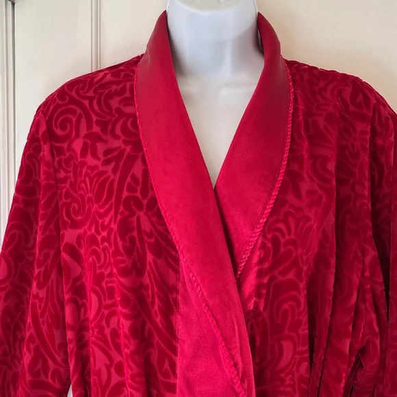 Velvet Burnout Satin Wrap Robe Long Shawl Collar Belt Pockets Women M Red Floral - Picture 5 of 17
